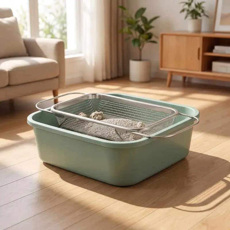 Edelstahl-Katzenstreuschaufel mit ergonomischem Griff und breitem Sieb zur Entfernung von Katzenstreu, Haustierbedarf – Detail 6