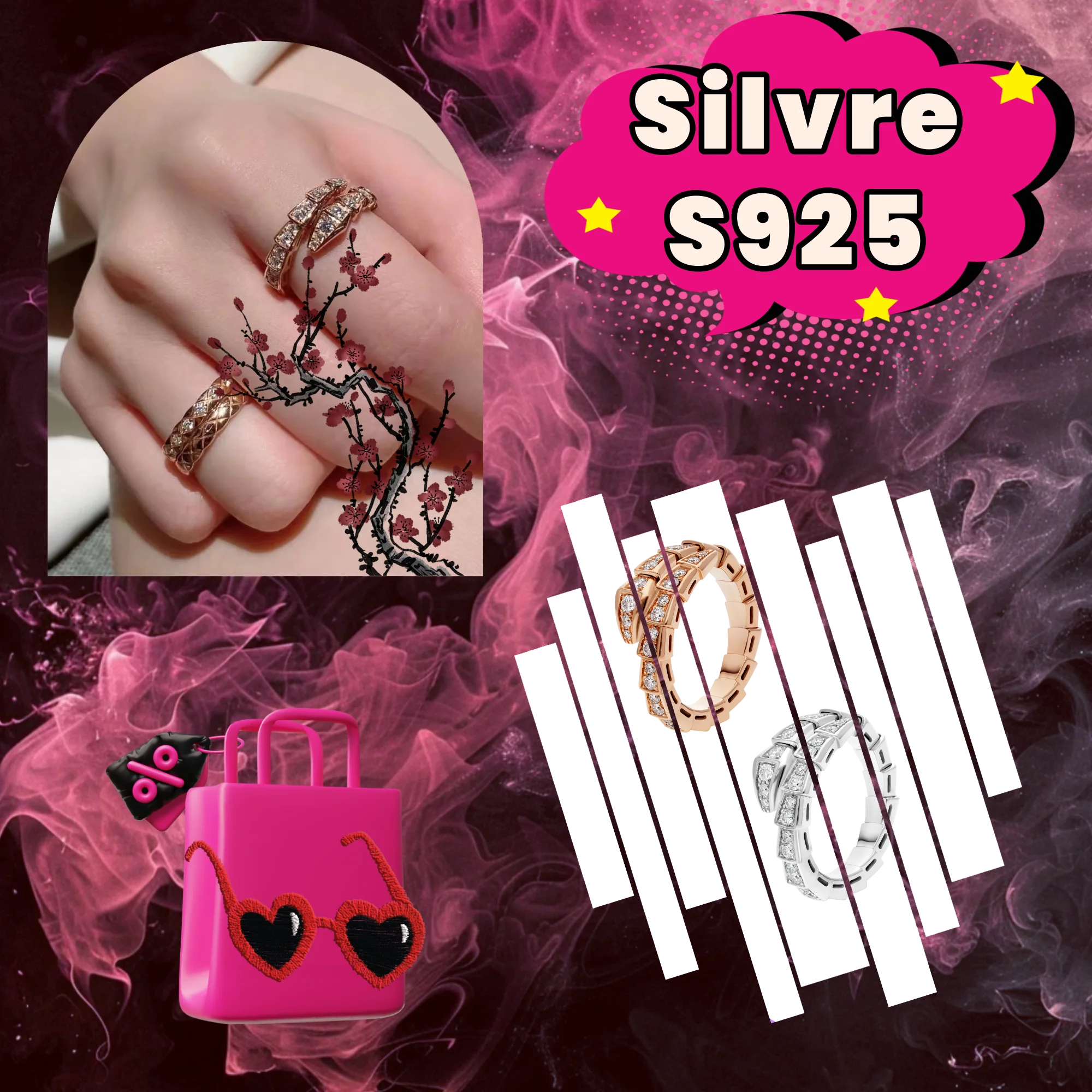 

Solid silver S925 women's jewelry wrapped around a snake shaped ring, worn for important banquet occasions