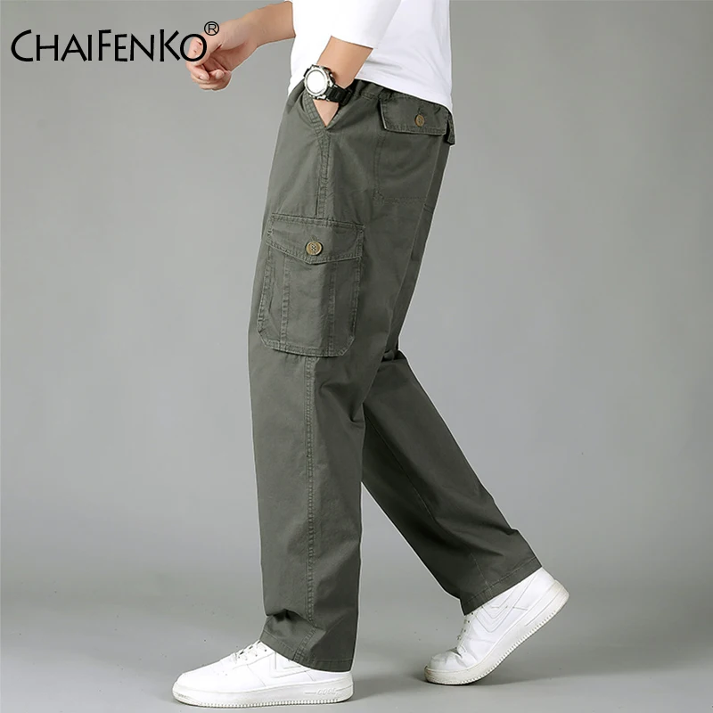 Men 2024 New Cotton Loose Casual Cargo Pants Men Fashion Solid Color Multi-Pocket Joggers Brand Trousers Men Large Size 6XL