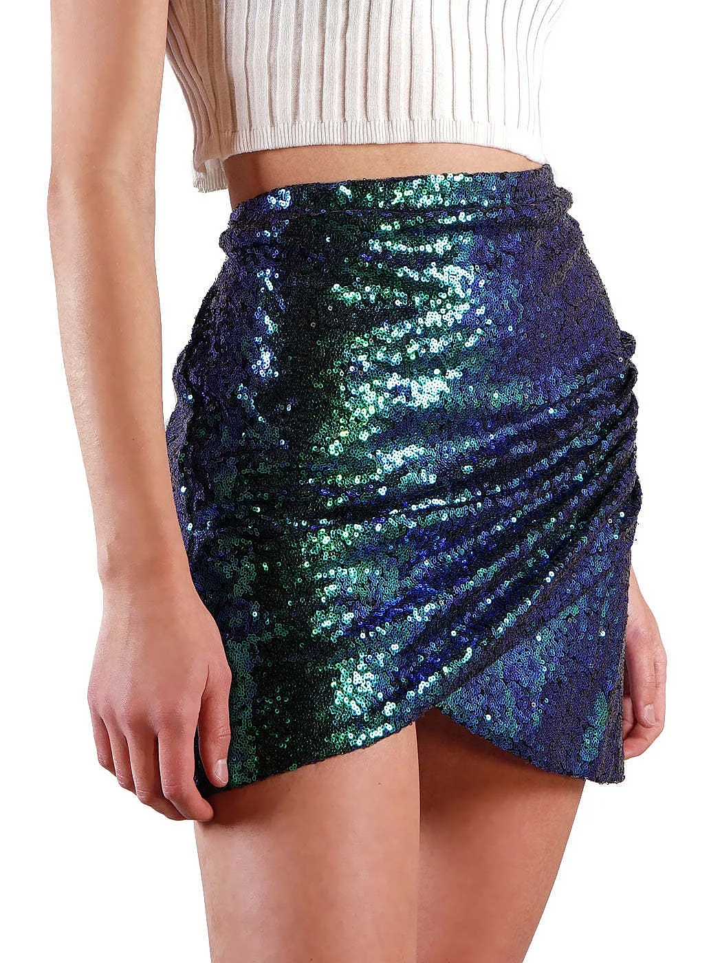 Fashion Women Short Sequin Pencil Mini Skirt Ruched Hem Bodycon Party Clubwear