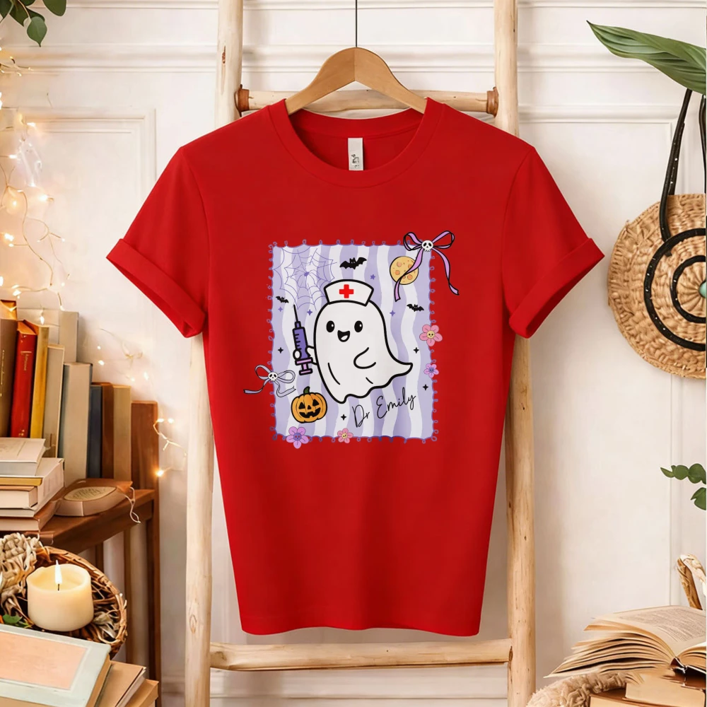Cute Nurse Ghost Halloween Graphic T‑Shirt Stamp Style Ghost Nurse Cap Syringe Pumpkin Bat Bow Floral Spooky Medical Worker Tops