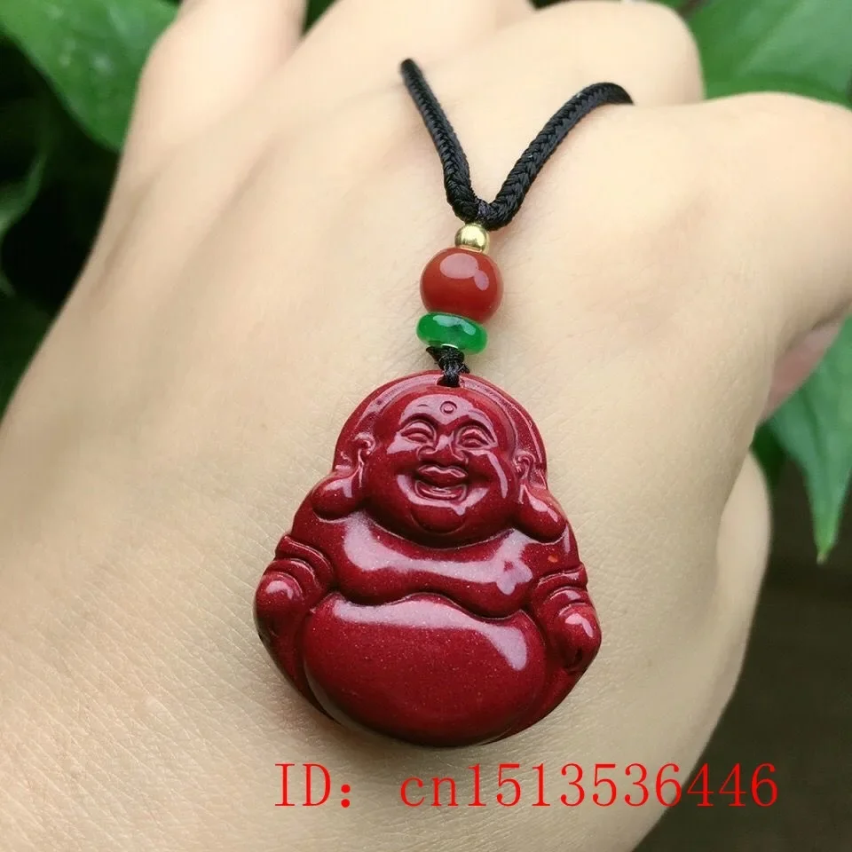 

Fashion Cinnabar Jade Maitreya Buddha Pendant Necklace Jewellery Chinese Hand-Carved Healing Women Man Luck Gift Sweater Chain