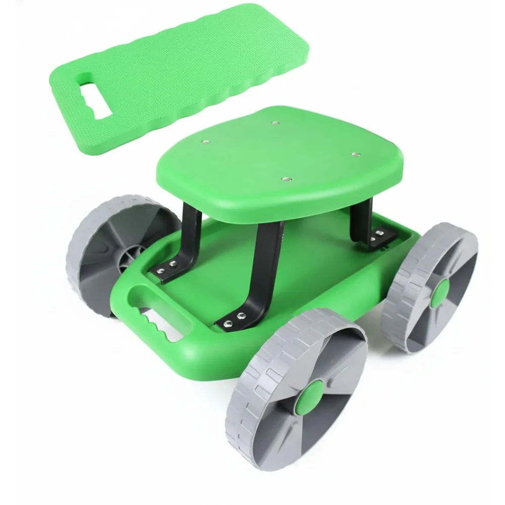 

Lightweight Garden Rolling Stool with Wheels, Tool Tray & Kneeling Pad - Gardening Work Supplies Cart
