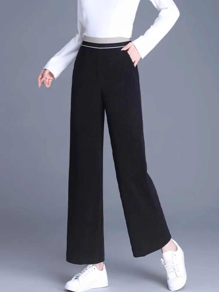 Pantalon élastique épais et chaud pour femmes, Baggy décontracté, Patchwork, mode, ample, taille haute, jambes larges, droit