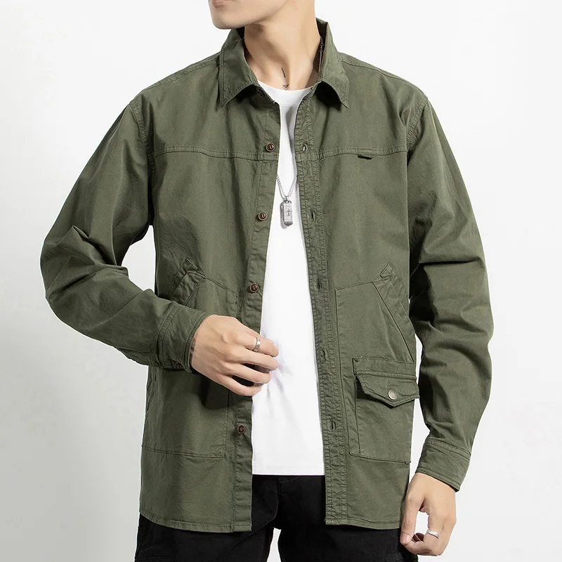 Spring Autumn New Men's Casual Long Sleeve Cargo Shirts 95%Cotton Trendy Fashion Versatile Workwear Jacket Retro Coat