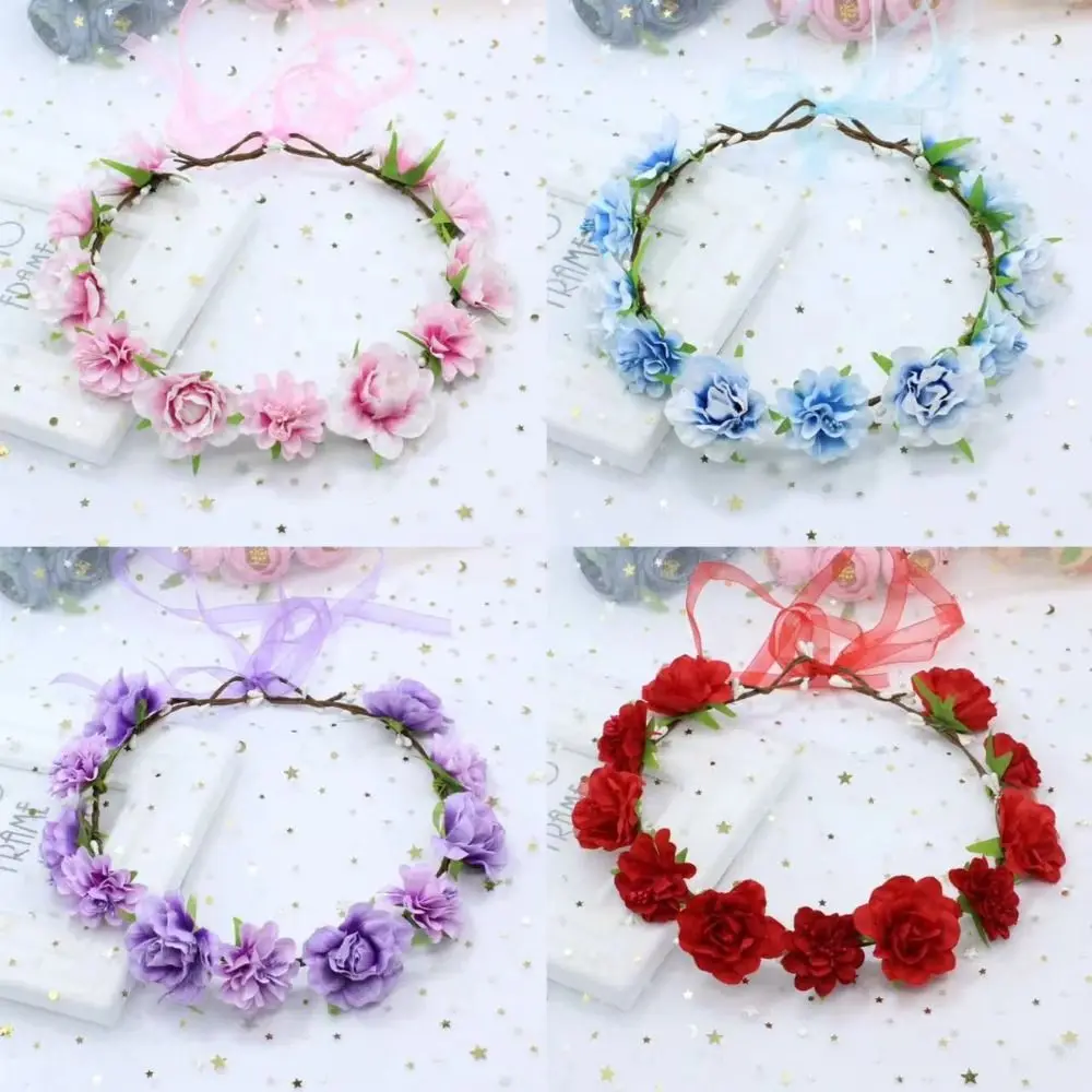 Bohemia Hand Woven Flower Crown Silk Rose Flower Vintage Elegant Flowers Headband Adjustable Ribbon Headpiece Bridal Accessories