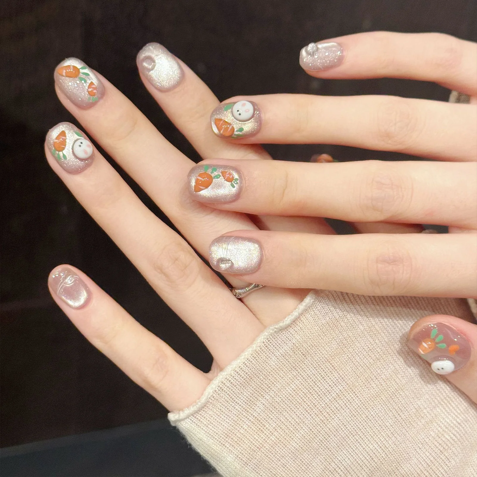 10pcs Handmade Press On Nails Cute 3D Bunny Carrot Resin Tips Short Squoval False Nails Fashion Party Wearable Manicure Nail Art