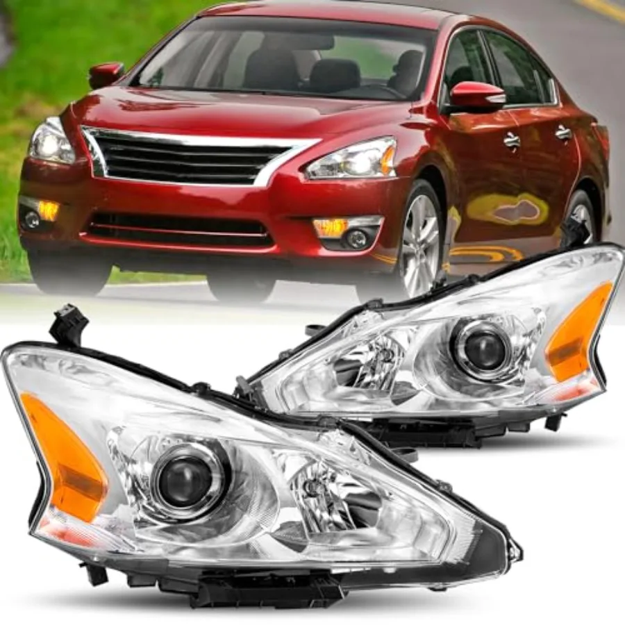 

Headlight Assembly Set for 2013 2014 2015 Nissan Altima 4-Door Sedan Halogen Headlamp Driver and Passenger Side Chrome Housing