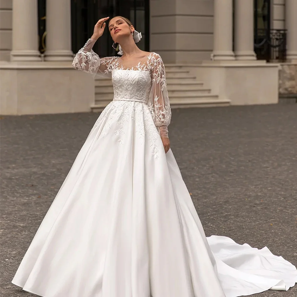 Classic A-Line Wedding Dress For Women Appliques Sequins O-Neck Bridal Gown Long Sleeves Skirt Sweep Train Dresses