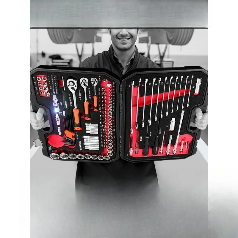 Universal Car Service Tool Kit, Socket Ratchet Wrench Combo with Storage Box for Vehicle On-board Repair