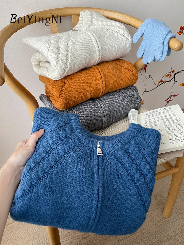 

Beiyingni корейские повседневные женские кардиганы однотонные вязаные толстые пальто на молнии женские зимние синие винтажные минималистичные крученые свитера