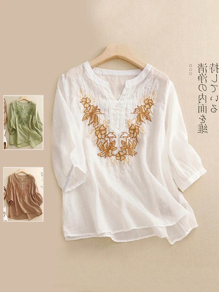 

Тонкий льняной топ с вышивкой в стиле ретро, большой размер, женский модный универсальный асимметричный льняной топ со средним рукавом и v-образным вырезом, летний топ