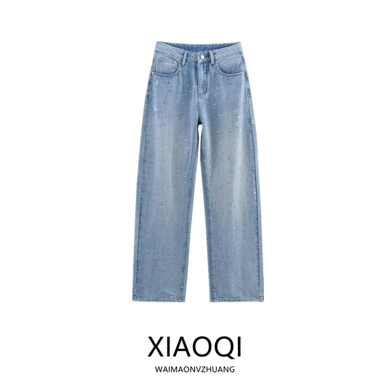 

High Waist Arc Design Diamond Embellied Long Jeans Casual Sle Summer Collection Wide Leg Pants Zipper Closure