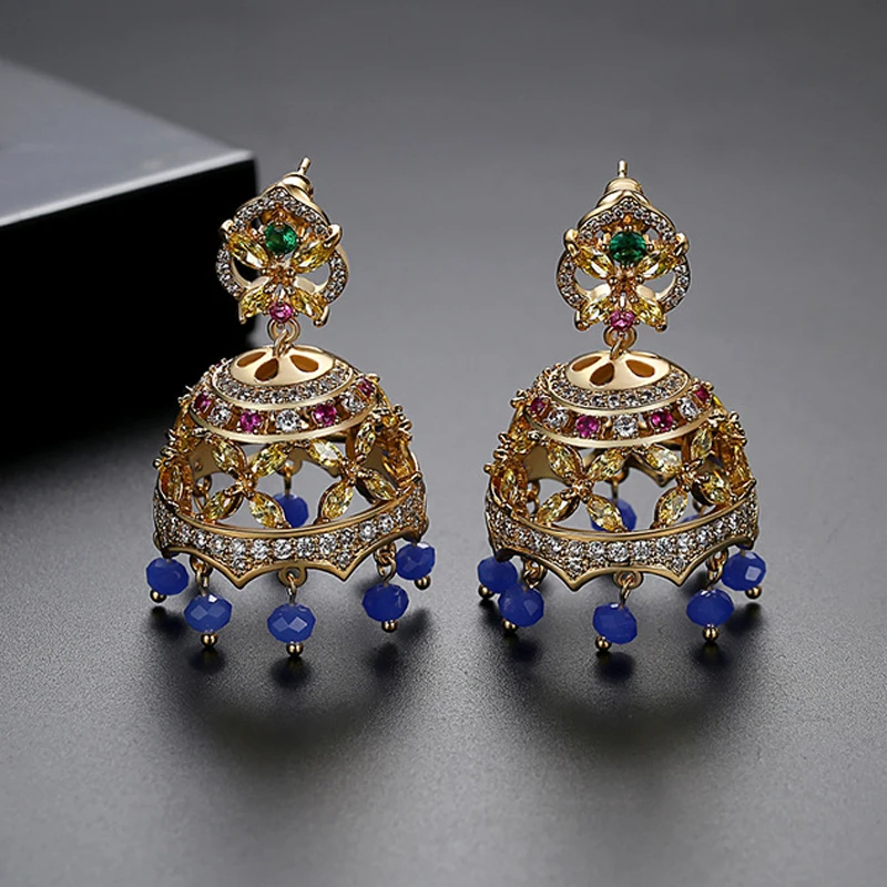 Fashion Gold Color Blue Beads Drop Earrings Bell Jhumka Indian Jhumki Cubic Zirconia Jewelry Women Bollywood Ethnic Gypsy Gifts