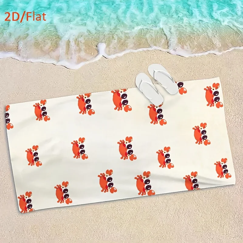 Cute Crab 2D Flat Beach Towel, Ocean Theme Design Quick Dry Absorbent Soft Microfiber for Summer Travel Camping Pool