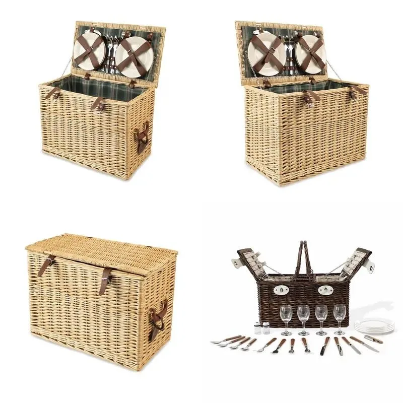 Wholesale eco-friendly wicker woven rectangular picnic basket set for 4 people with tableware