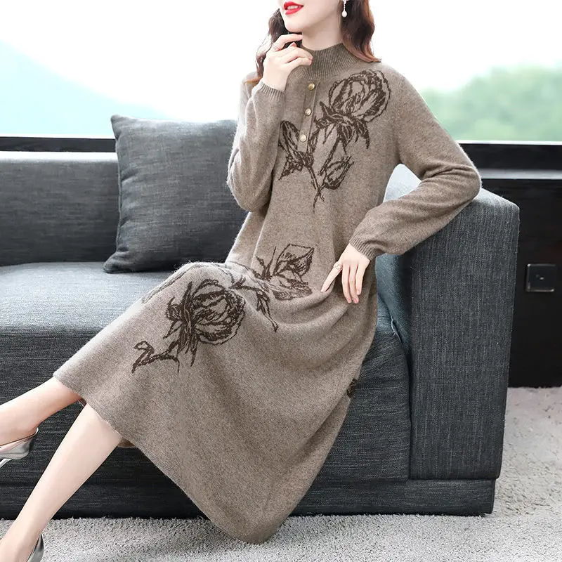 

Jacquard Knitting Women Dress Oversize Loose Half High Collar Knee-Length Female Dresses Vintage Button Bottom Vestidos