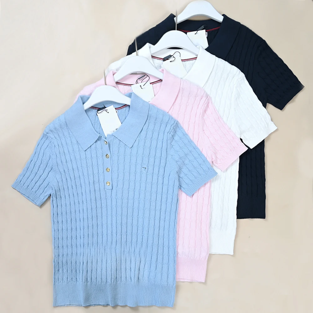 

Casual Style Women's Knitted Short Sleeve Sweater Embroidered Cotton Thread Twist Flower Neck Top Summer Season Fashion