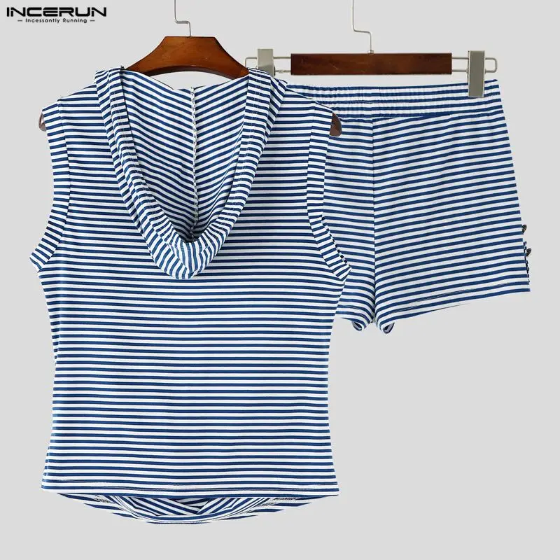 INCERUN Men Striped Sets Summer Hooded Sleeveless Tank Tops Shorts Two Piece Sets Streetwear 2026 Loose Casual Men Matching Sets view 5