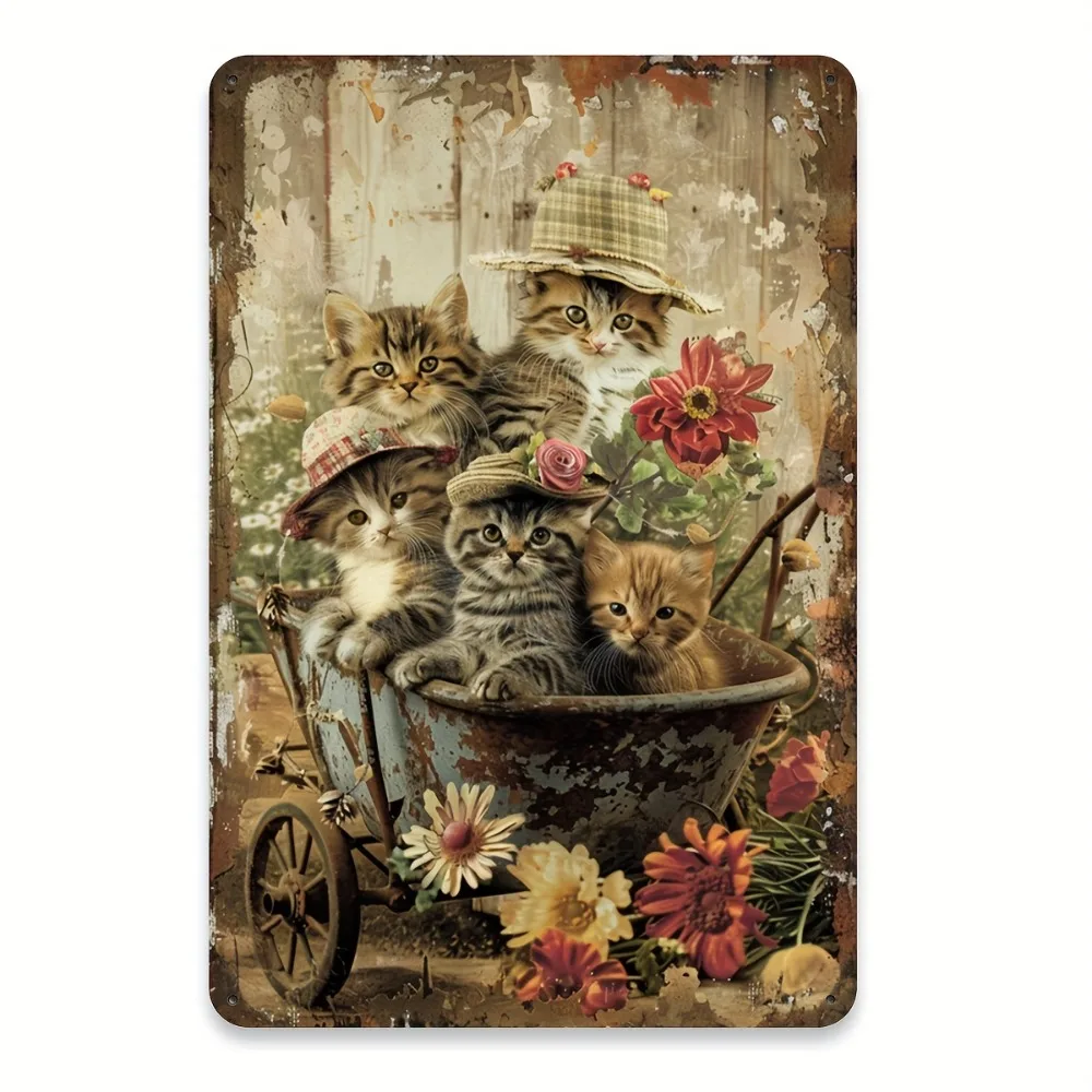 Vintage Metallschild „Schubkarrenkätzchen“ – Rustikale Blumen-Wanddekoration für Katzencafé & Schlafzimmer