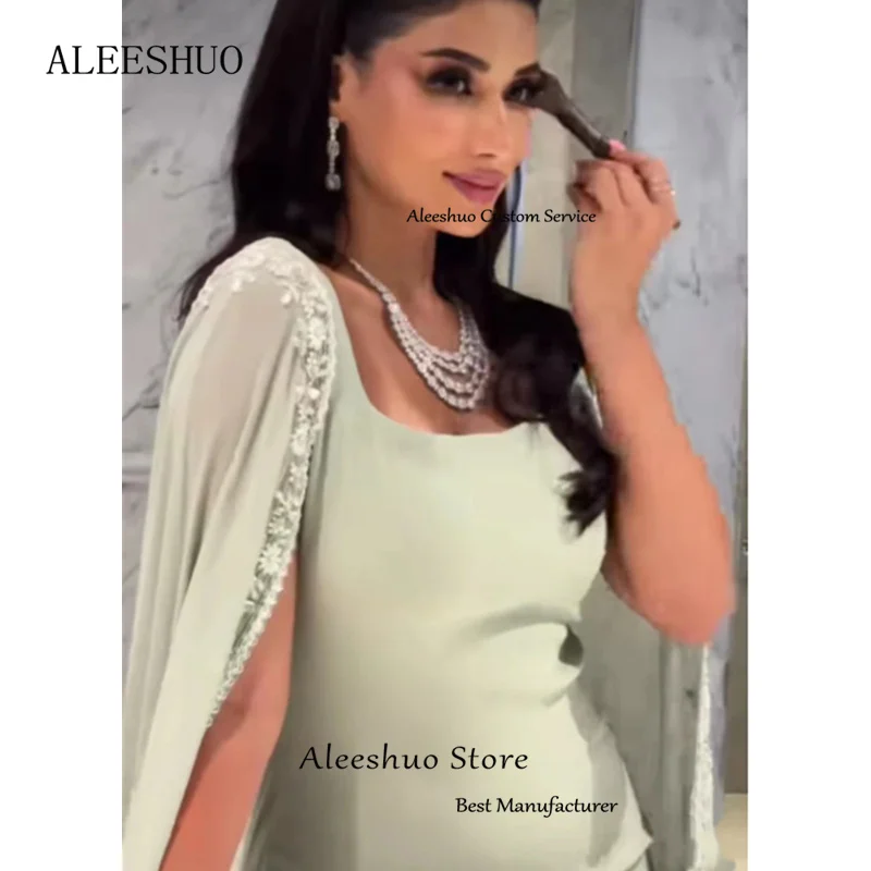 Aleeshuo-فساتين حفلة موسيقية طويلة من الساتان الأنيق للنساء ، بأكمام كاب ، ياقة مربعة ، زينة مستقيمة ، عربي ، فساتين سهرة بسيطة ، رسمية