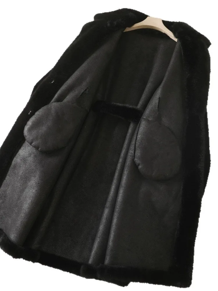 ZMEENNA dames elegante nepbontjas met lange mouwen reverskraag winter warme bovenkleding stropdas taille overjas zwart klassiek ZM3358