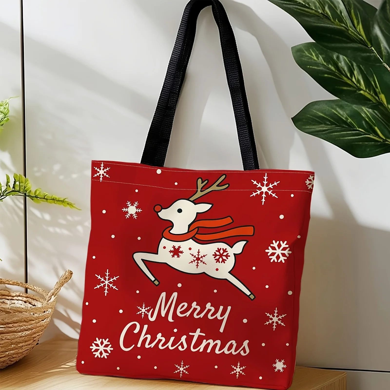Festive Christmas Tote Bag with Reindeer Snowflakes Design 