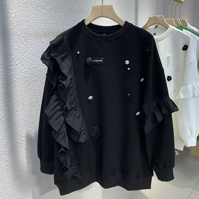 

Женская толстовка больших размеров свободного кроя с тонкими вставками, жемчужной вышивкой и цветочным узором, круглый вырез, длинный рукав, для повседневной носки, чистый хлопок