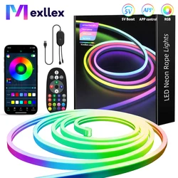 USB RGB LED Neon Light Strip, 10m 5V 72LEDs/m Silicone Bluetooth Rope with Remote, APP Music Sync Waterproof TV Backlight Decor