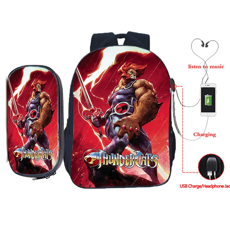 

Anime USB Backpack Pencial Case 2 Piece Set ThunderCats Backpacks Boys Girls Cartoon 3D Print Schoolbag Child Polyester Mochilas
