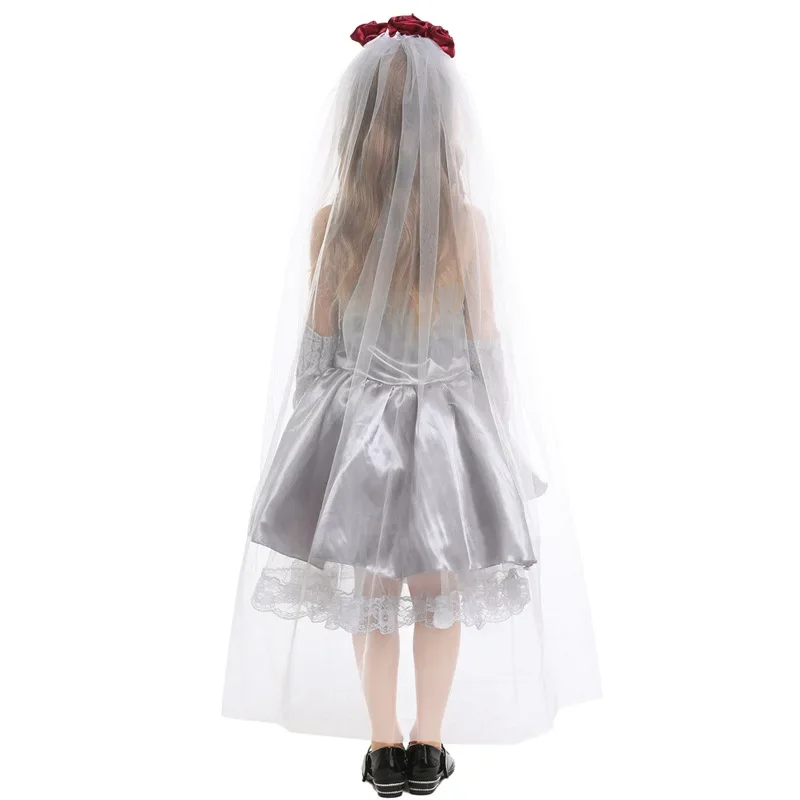 Beautiful Halloween Girls Skeleton Bridge Wedding Dress Cosplay Costume Kids Carnival Stage Performance Suit