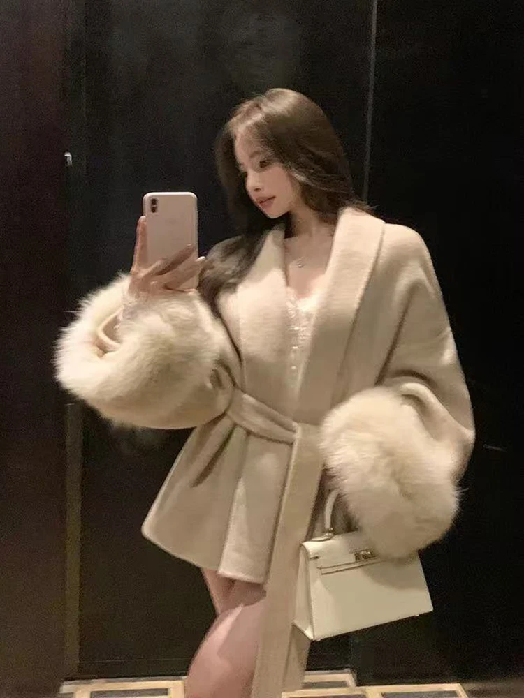 

Модное лоскутное пальто из искусственной шерсти, женское весеннее пальто Y2K, свободный кардиган на шнуровке с меховыми рукавами, корейская роскошная смешанная верхняя одежда Mujer