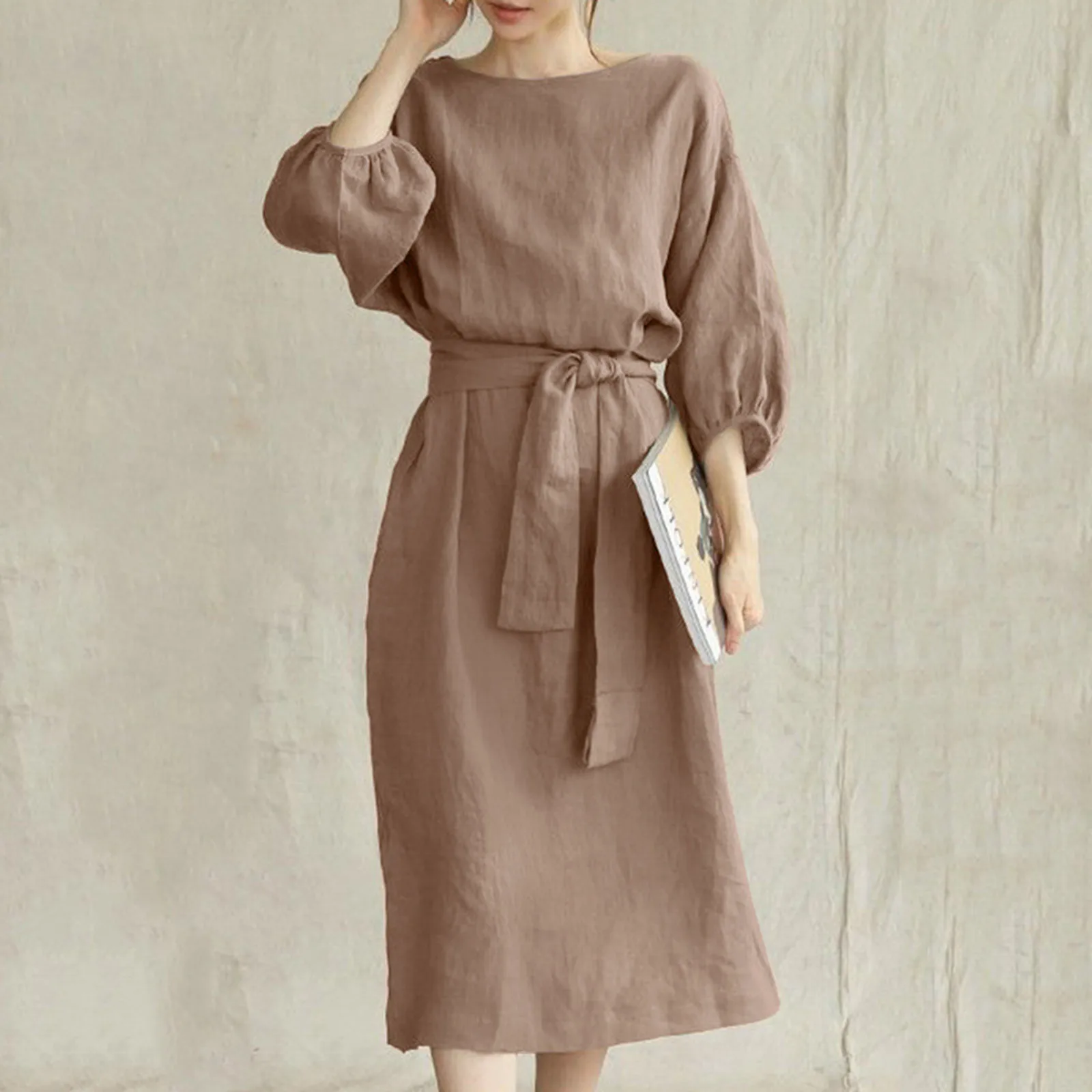 Cotton Linen Dresses Women'S Vintage Long Sleeve High Waisted Tied Solid Color Round Neck Dress Elegant Vestidos For Women