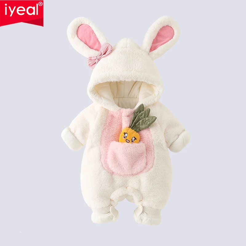 IYEAL  Baby Girls Winter Hooded Romper Cute Bunny Ears Plush Jumpsuit with Carrot Decor Pockets Newborn Warm Outerwear