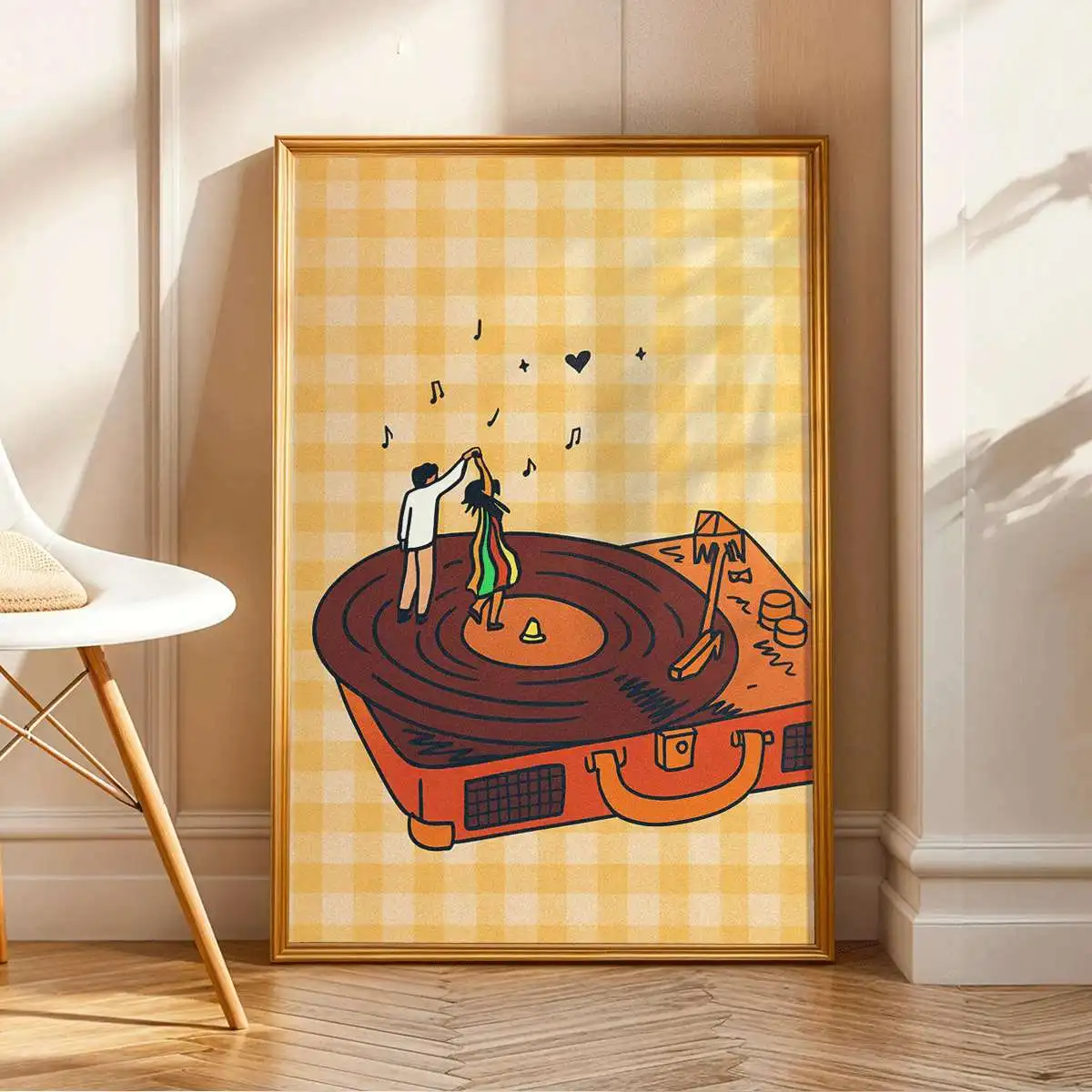 1pc 2D/Flat Dancing Couple Canvas Poster, Frameless Vinyl Record Player Themed Art Posters Cartoon Wall Decor for Living Rooms