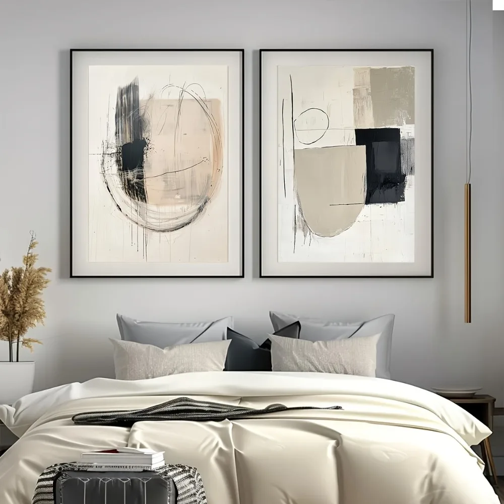 2pcsFrameless,minimalist Round Geometric Abstract Wall Art,using Black and Beige Neutral Poster,for Living Room or Bedroom Decor