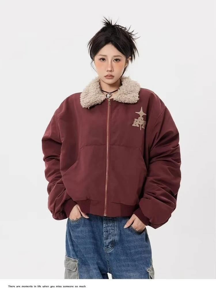 Winter Warm Cropped Jacket Parkas Women Cotton Padded Lambswool Thick Loose Jackets Vintage High Street Windproof Outerwear New