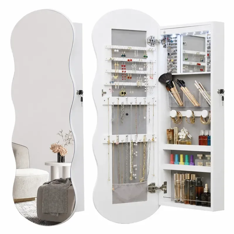 European Simple Wooden Full Body Floor Mirror with Jewelry Storage Multi Functional Mirror Cabinet Creative Fitting Mirror