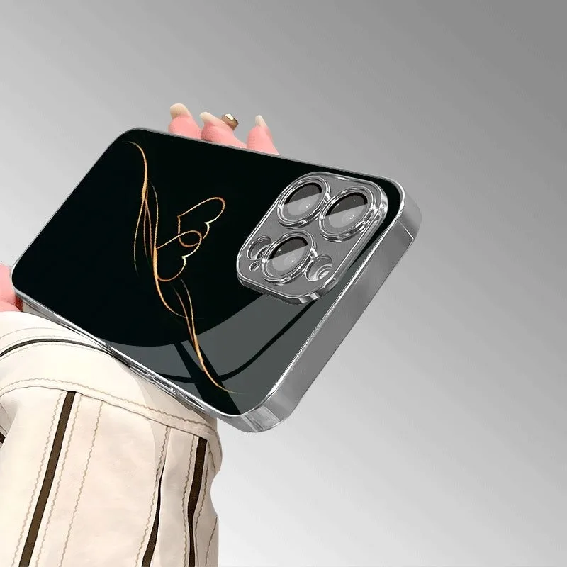 Golden Line Herz-Design, gehärtetes Glas, galvanisierte Handyhülle für iPhone 17, 16, 15, 14, 13, 12, 11, Pro Max Plus 16E 17 Air Cover