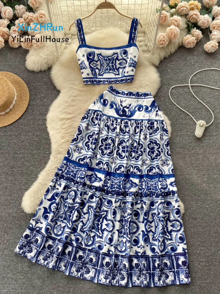 

2024 Summer New Women Fashionable Elegant Square Neck Waist Suspended Top High Waist Pleated Half Skirt Women's Retro Print Set