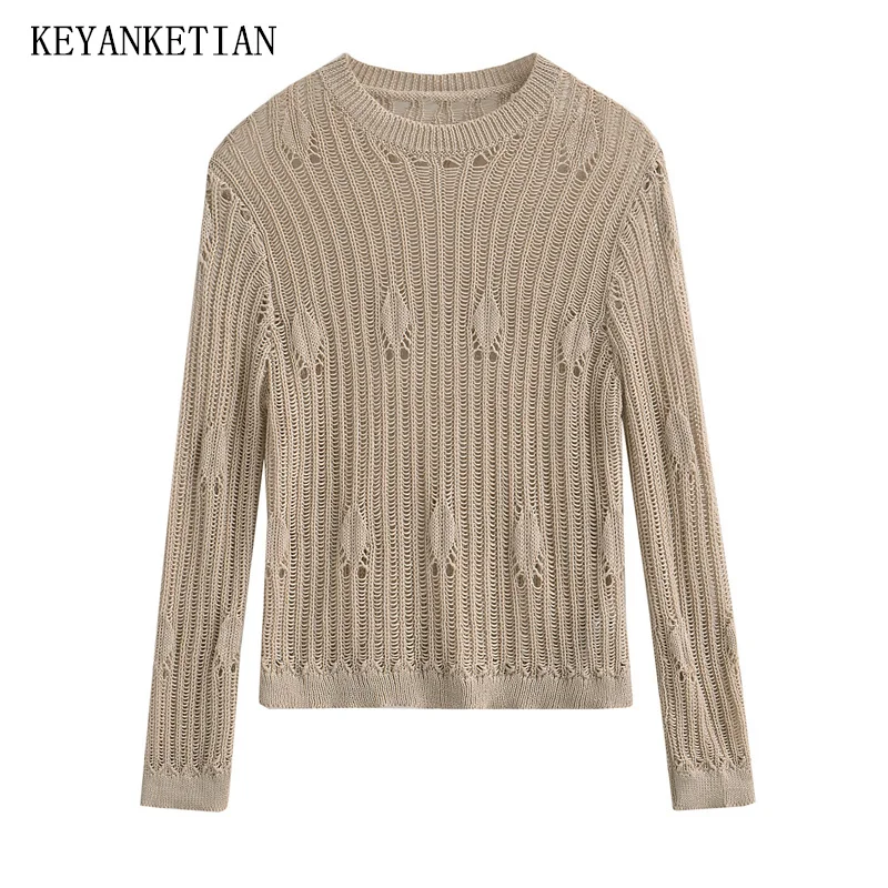 

KEYANKETIAN Autumn New Women's Jacquard Mesh Knitwear Hollow Out Decoration O-Neck Slim Thin Pullover Sweater Holiday Wind Top