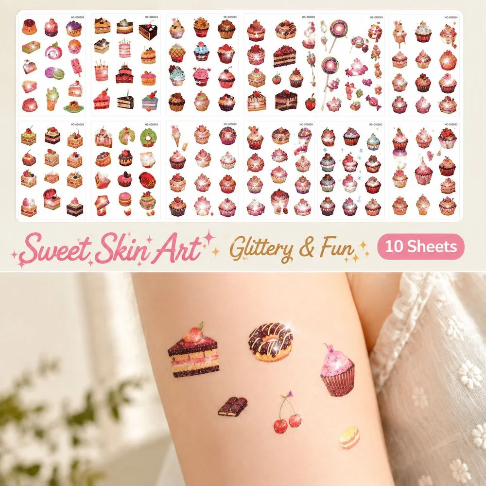 10Pcs Sweet Food Glitter Temporary Tattoos Cake Cupcake Donut Pattern Waterproof Body Art Stickers For Holiday Body Decoration