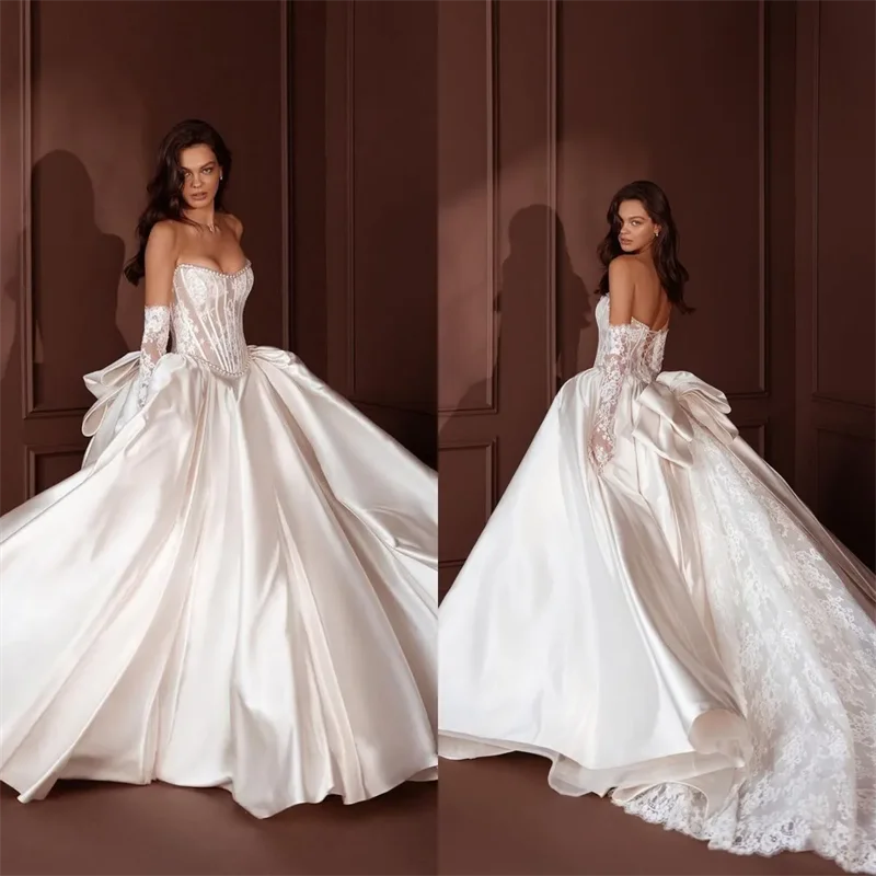 Glamorous Strapless Bridal Gowns Princess Lace Up Bow Pearl Sweep Train Bride Dresses Custom Made（Excluding gloves））