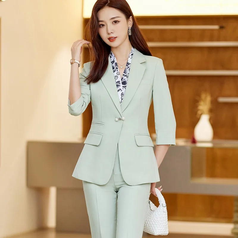 Yellow Suits Women Summer New Temperament Style Professional Casual Slim Blazer And Pants Two Piece Sets Office Ladies Work Wear