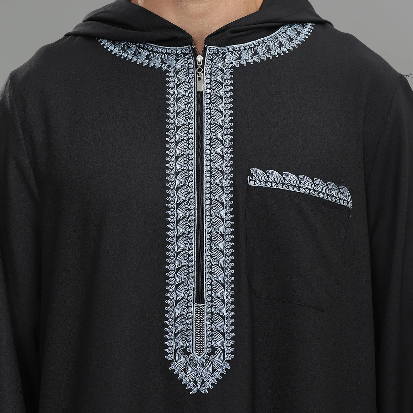 

Saudi Hooded Robe Muslim Men Long Jubba Thobe Abaya Embroidery Zipper Caftan Dress Daffah Dishdasha Traditional Islam Clothing