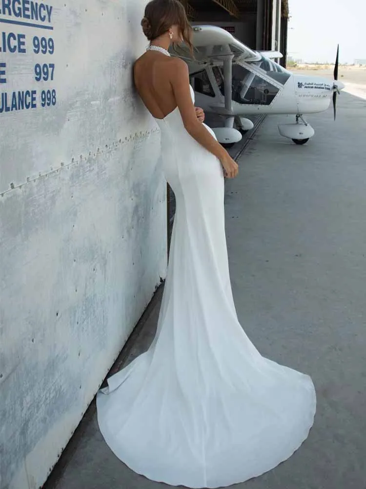 Modern Wedding Dresses Jersey Mermaid/Trumpet Wedding Party Dresses White Halter Backless Tailing Zipper Wedding Guest Dresses