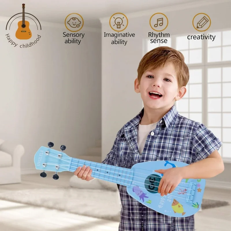 Juguete de guitarra para ukelele para niños pequeños, instrumentos musicales de educación temprana, Mini juguetes de aprendizaje de guitarra de 4 cuerdas, juguetes interactivos para padres e hijos
