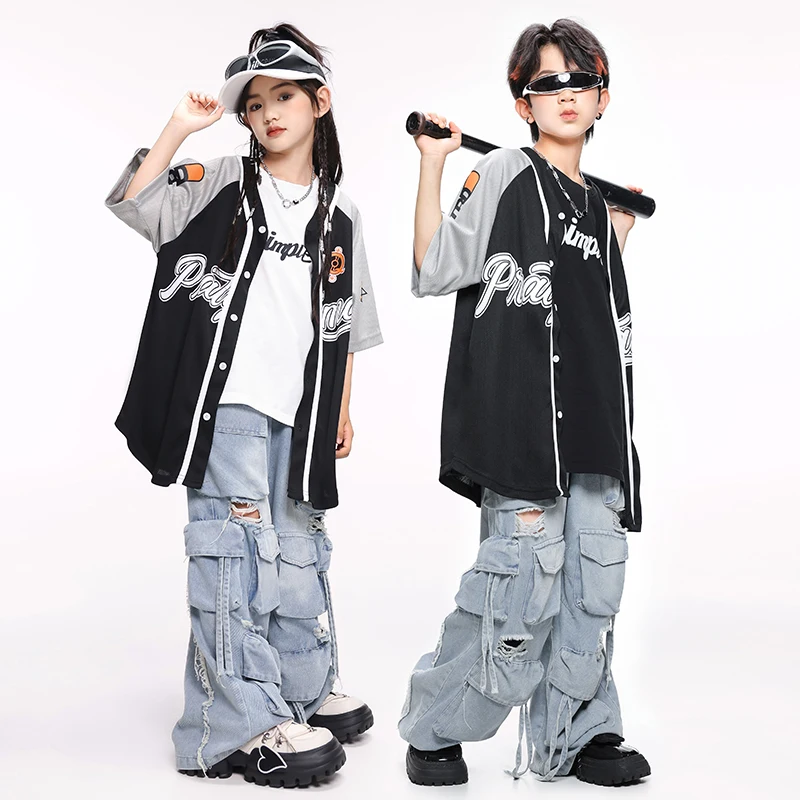 ヒップホップ男の子野球デニムシャツ破れたジーンズ女の子ストリートカーゴパンツ子供ストリートダンス服子供ステージ衣装