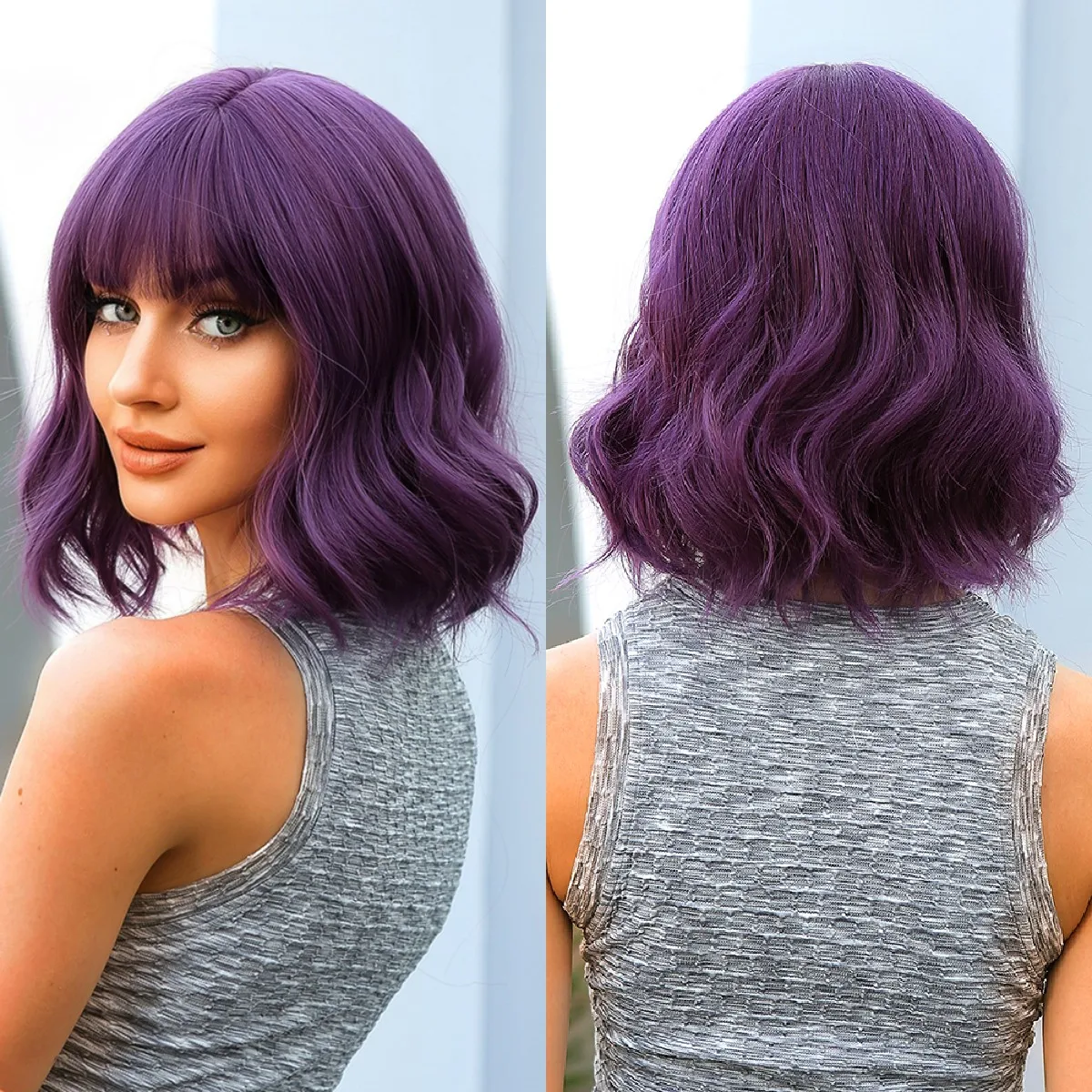 Dark Purple Short Bob Synthetic Wigs Water Wavy Wig Cosplay Hairs with Bangs for Women Natural Heat Resistant Lolita Party Use