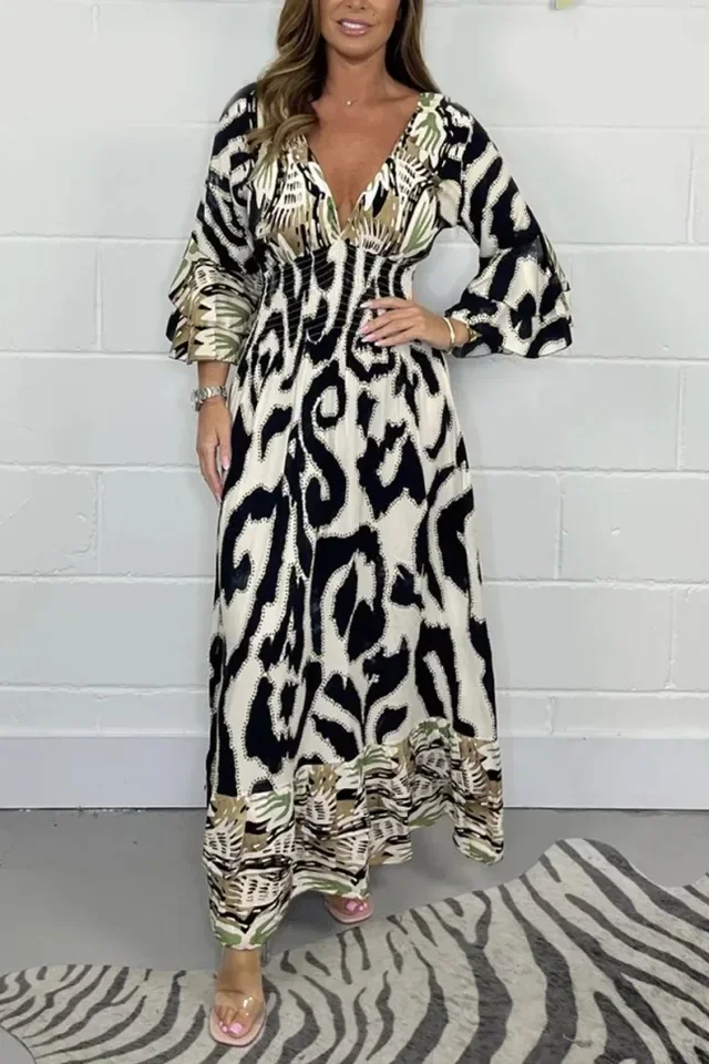 

Women's Retro Dress With Patchwork Print Elegant Spring Summer V-neck Flared Sleeves Elastic Waist A-line Jumpsuit Long Skirt